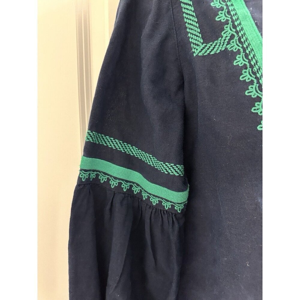 J. Crew Women’s Embroidered Boho Linen & Cotton Navy & Green Top Blouse Size 10 - Picture 7 of 14